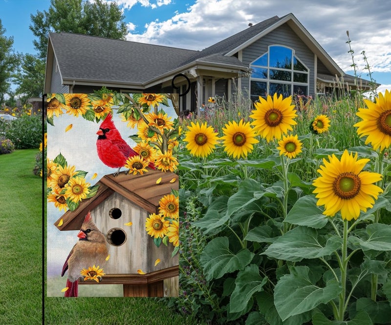 BLKWHT Summer Sunflowers Cardinal Bird Garden Flag 12x18 Vertical Double Sided Yellow Flowers Spring Farmhouse Holiday Outside Decorations Burlap Yard Flag BW815 - Image 2